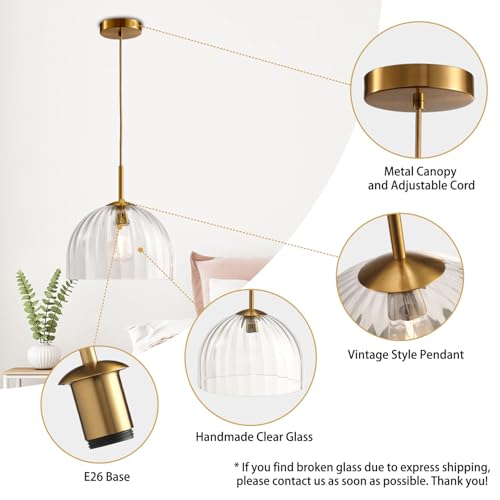Clear Ribbed Glass Pendant Light Kitchen Island 11.8Inch Brass Hanging Lamp