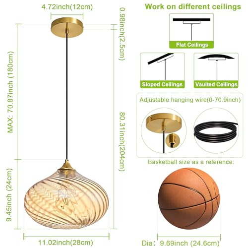11in Gold Pendant Lights Kitchen Island with Amber Glass Shade 1Pack