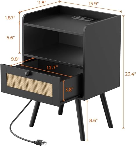 Nightstand with Charging Station & Rattan