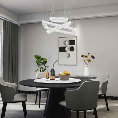 Modern Crystal Chandelier LED Ceiling Light, Square 3-Ring Height Adjustable 47W K9 Crystal Pendant for Dining Room, Living Room, Bedroom, Foyer, Cool White 6000K