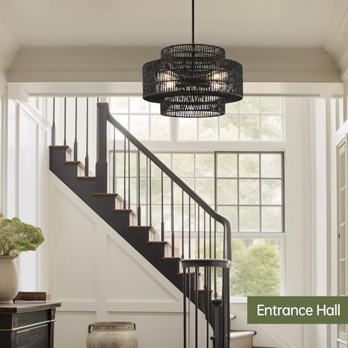 17.7" Black Rattan Chandelier for Dining Room