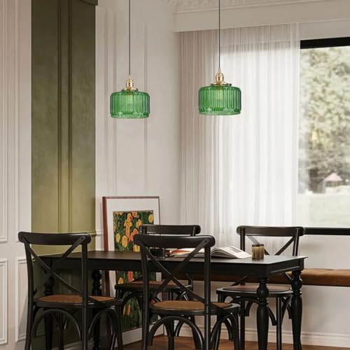 Lighting Green Pendant Light Mid Century Modern Hanging Light with Green Striped Glass Shade Vintage Kitchen Island Pendant Lights Gold Ceiling Pendant Light for Dining Room Bedroom