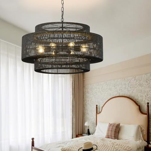 31.5"Large Boho Rattan Farmhouse Chandeliers for Dining Room