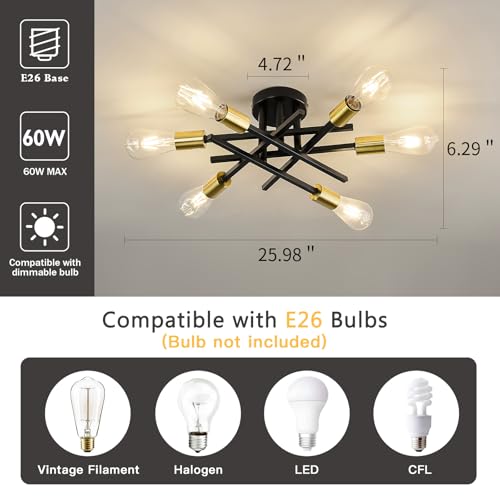 6 Lights Sputnik Semi Flush Mount Ceiling Light Fixture Modern Metal Black and Gold Chandeliers with E26 Bulb Base Close to Ceiling Light for Kitchen Dining Room Living Room Hallway Bedroom
