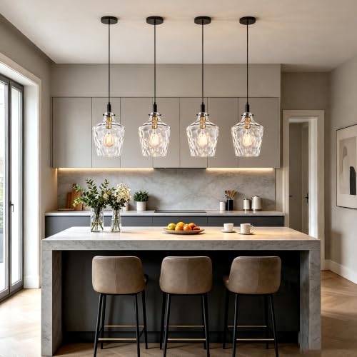 Hammered Glass Pendant Light for Kitchen Island 2 Pack Black Gold 8 Inch (2 Count)