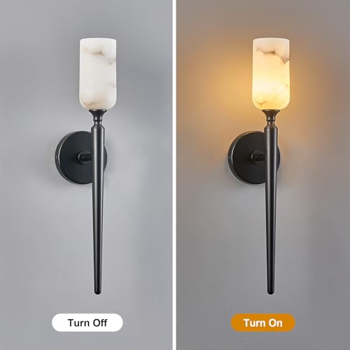 Natural Alabaster Wall Sconce Modern Black Wall Light Bathroom Sconce Wall Decor Antique Marble Sconces Wall Lighting for Bedroom Living Room Entryway Hallway Staircase