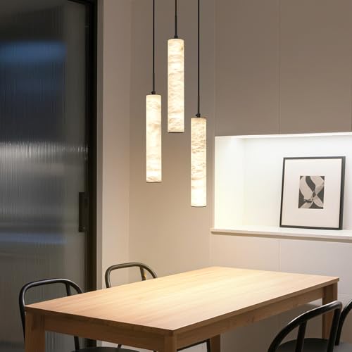 Natural Alabaster Pendant Lights for Kitchen Island White Marble Long Tube Chandelier 4000K Modern Black Ceiling Light Fixtures for Bedroom Dining Room Table Living Room Hallway