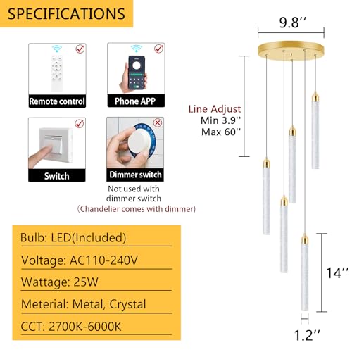 Mini Chandelier Modern Pendant Lights LED Bubble Crystal Kitchen Island Light Fixtures Gold Mini Pendant Lighting for Kitchen Island Dining Room Bedroom Bar Dimmable Ceiling Hanging Lights 2700K 6000K