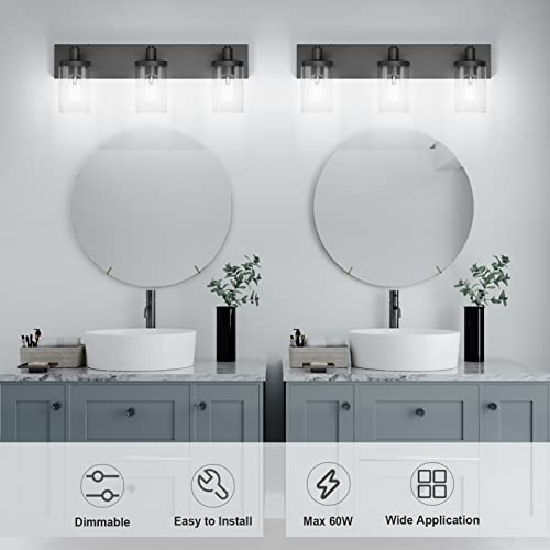 Black Vanity Light for Bathroom 3 Light Farmhouse Bathroom Lights Fixtures Over Mirror with Clear Glass Shade