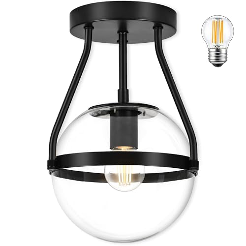 6" Globe Semi Flush Mount Ceiling Light Fixture Modern Black Semi Flush Mount Ceiling Light Mid Century Ceiling Light With Clear Glass Shade Matte Black Finish for Hallway Bathroom
