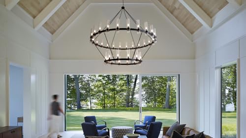 70 Inch Black Wagon Wheel Chandelier 2 Tier with Glass Shade