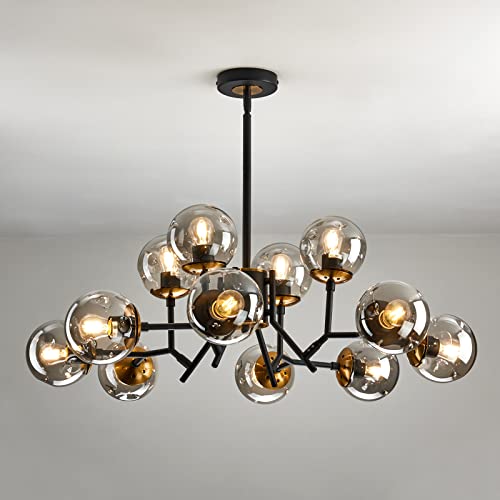 12-Light Mid-Century Modern Black Sputnik Chandelier with Glass Globe
