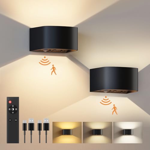 Motion Sensor Wall Light with Remote Control 3 Colors Wireless Wall Lamp LED Indoor Up and Down Wall Sconce 5000mAh Rechargeable Battery Powered Wall Lamps Brightness Adjustable (2 Count)