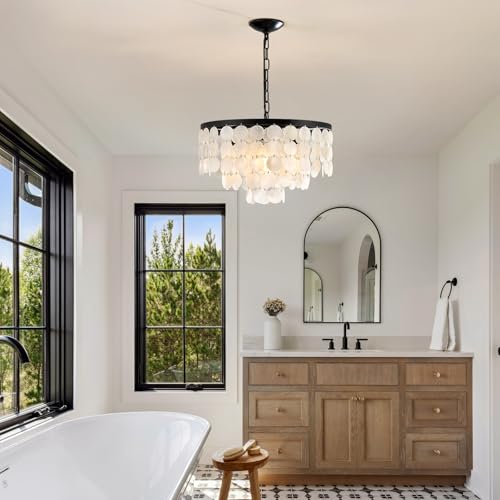 4 Light Black Capiz Shell Coastal Chandeliers for Dining Room