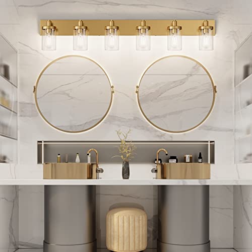 Gold Bathroom Vanity Light Farmhouse Vanity Lighting Fixtures 6 Light 48in Bathroom Light Fixtures with Clear Glass Shade