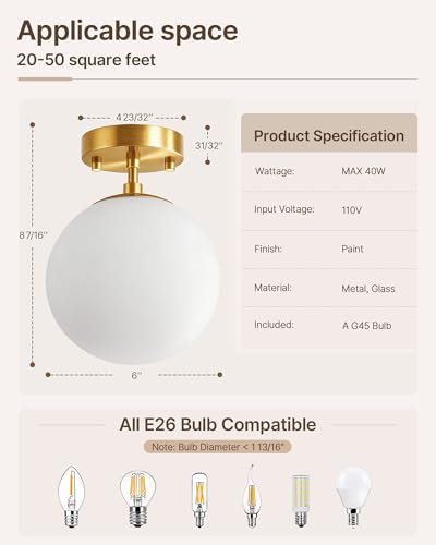Semi Flush Mount Ceiling Light 6" Globe Mid Century Modern Light Fixture Milk Glass with Gold Brass Finish Light Fixtures for Hallway Entryway Kitchen Island Closet Laundry Bathroom