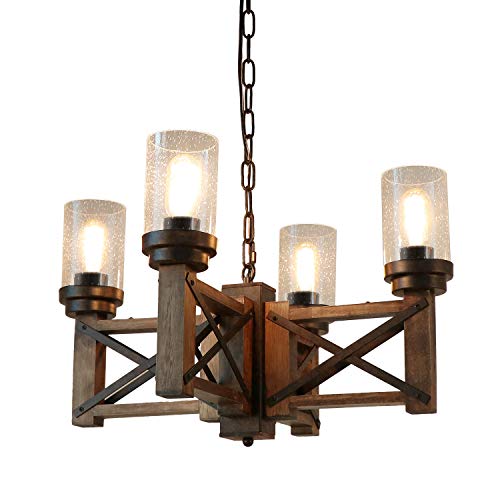 Wood Farmhouse Rustic Chandelier 4 Lights with Glass Shades