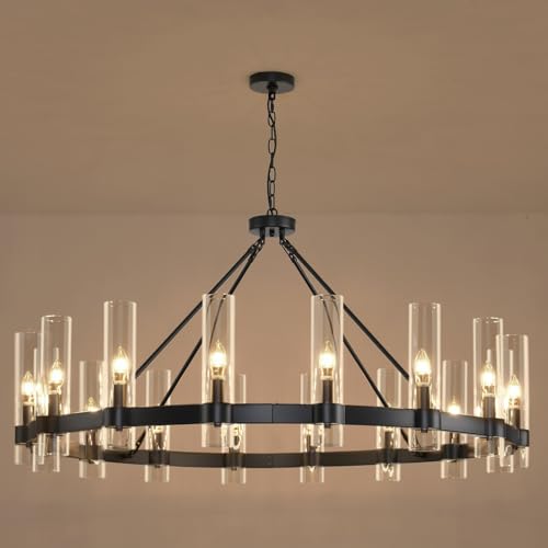 48 Inch Black Wagon Wheel Chandelier with Glass Shade