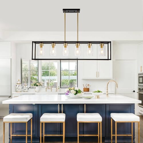 6 Lights Modern Dining Room Light Fixtures Over Table Black & Brushed Brass Gold Farmhouse Chandelier Rectangular Pendent Lighting for Kitchen with Glass Shade Long Linear Industry Hanging Light