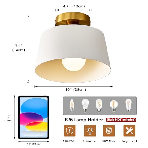 1 Pack White and Gold Modern Semi Flush Mount Ceiling Light Fxiture 10 in