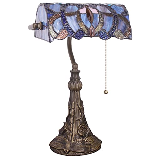 Tiffany Banker Lamp Small Stained Glass Table Lamp Blue Purple Cloudy