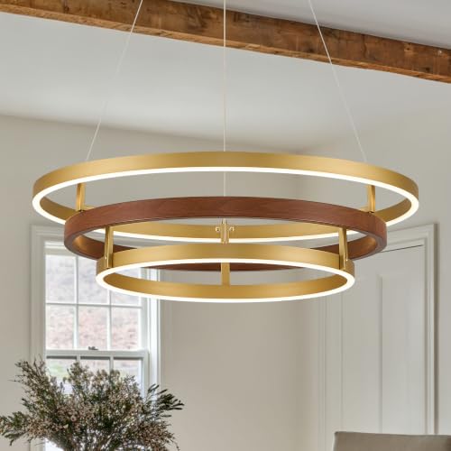 3 Ring LED Chandelier Modern Chandeliers Red Walnut Wood Gold Dimmable 24''