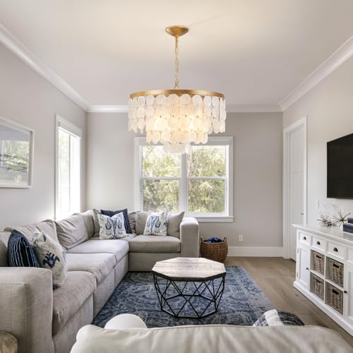 White and Gold Coastal Capiz Shell Chandelier