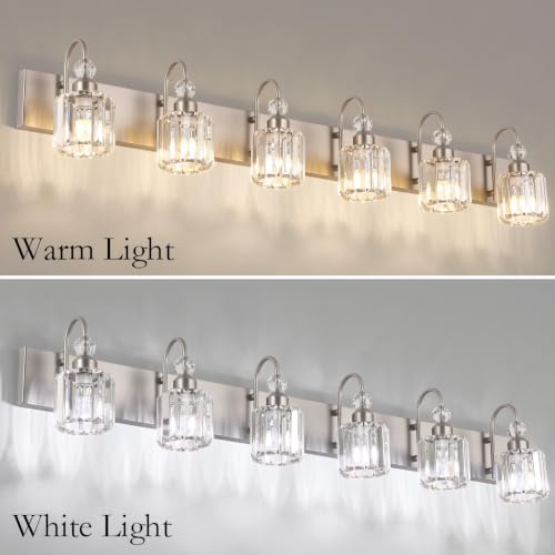 Crystal Brushed Nickel Vanity Light for Bathroom 6 Light Modern Bathroom Lighting Fixtures Over Mirror