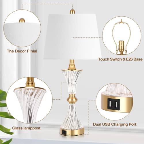 Touch Table Lamps for Bedroom Set of 2 Modern Living Room 3 Way Dimmable Gold Glass Bedside Nightstand Lamp for End Table with 2 USB Charging Port