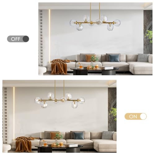 Modern Linear Chandeliers 8 Light Clear Glass Dining Room Light Fixture 39" Gold Mid Century Chandelier Pendant Light for Living Room Kitchen Island