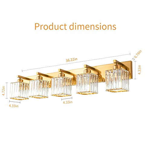 Modern 5 Light Gold Brushed Brass Finish Crystal Wall Light for Bathroom Vanity
