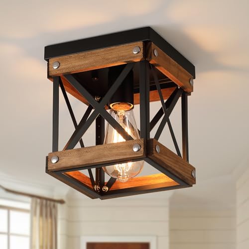 Rustic Farmhouse Wood Flush Mount Ceiling Light Fixture Oak Wood and Metal Square Cage Small Semi Flush Mount Ceiling Light for Kitchen Hallway Entryway Bedroom Farmhouse Country