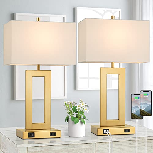 22" Gold Modern Table Lamp Set of 2 with 2 USB Ports&AC Outlet (2 Count)