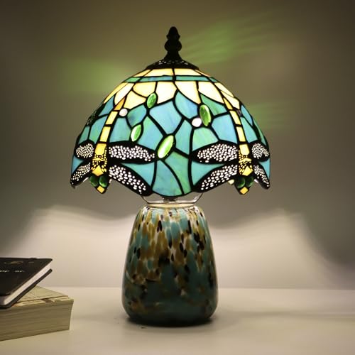 Tiffany Mushroom Table Lamp Dragonfly Style Blue Yellow Stained Glass Accent Lamp Brown Blue Glass Base 8X8X12 Inch