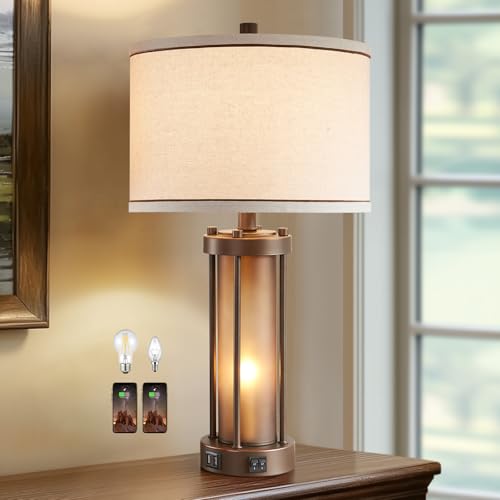 Farmhouse Table Lamps for Living Room with USB C+A Ports