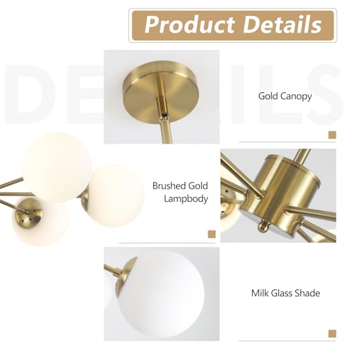 6 Light White Milk Glass Chandelier Brass Gold Sputnik Ceiling Light