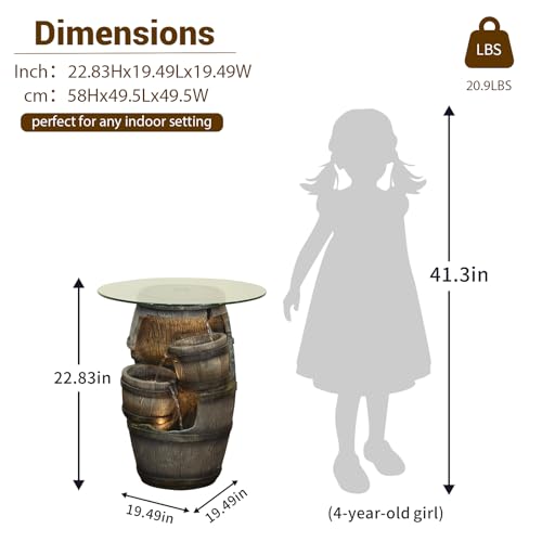 Rustic Barrel Outdoor Water Fountain with Glass Tabletop