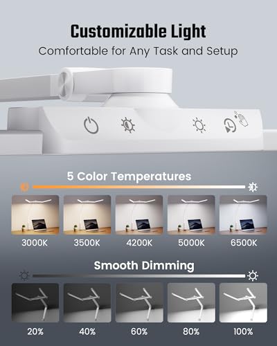 LED Desk Lamp Computer Light with Power Strip with Clamp White