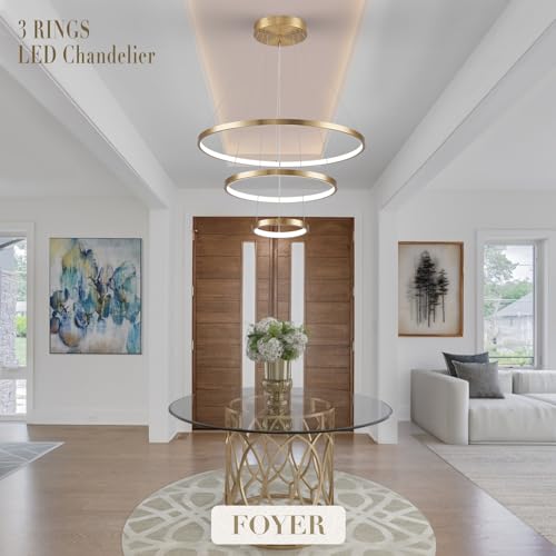3 Rings LED Chandeliers Modern Gold Chandelier Dimmable Flush Mount Pendant Light Fixture Remote Control Contemporary Pendant Chandelier for Dining Room Bedroom Foyer