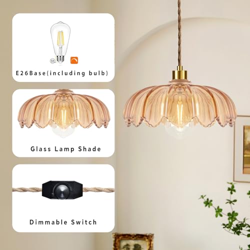 Plug in Pendant Light Hanging Lights with in Cord Mid Century Modern Gold Hanging Lamp Flower Glass Amber Vintage Dimmable Chandelier Ceiling Fixture for Living Room
