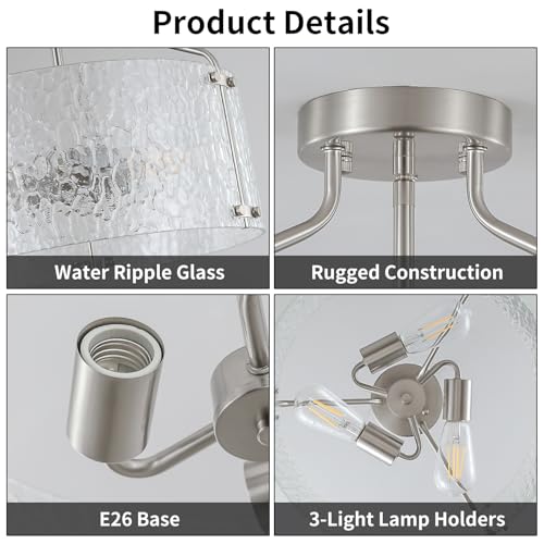 Semi Flush Mount Ceiling Light Fixture Glass Drum Chandelier Entryway Light Fixture 16''Brushed Nickel Flush Mount Ceiling Lights 3