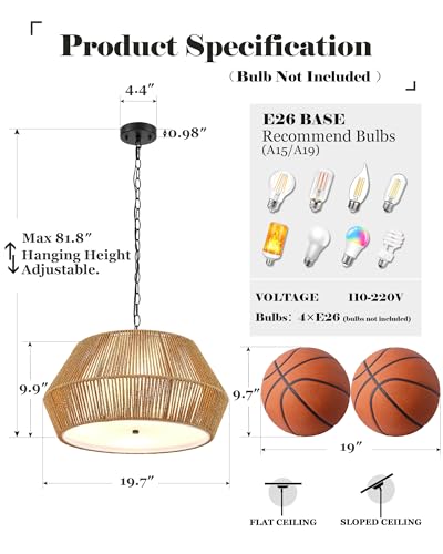 Large 4 Lights 20" Rattan Chandelier