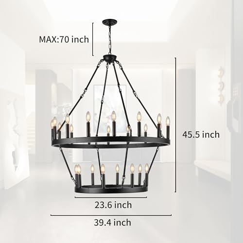 Black Large Chandeliers for High Ceilings Wagon Wheel Chandelier Kitchen Table Lighting 2 Tier 24 Lights Rustic Farmhouse 39.3 Inch for Dining Room Kitchen Island