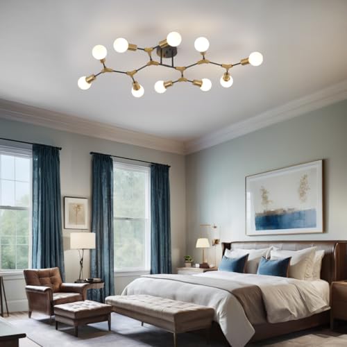 Modern Gold and Black Sputnik Semi Flush Mount Ceiling Light Fixture
