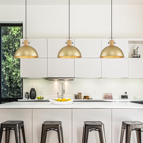 12 Inch Gold Pendant Lights Hammered Matte Pendant Lights for Kitchen Island Industrial Farmhouse Adjustable Height Dome Hanging Light Fixtures for Barn (3 Count)