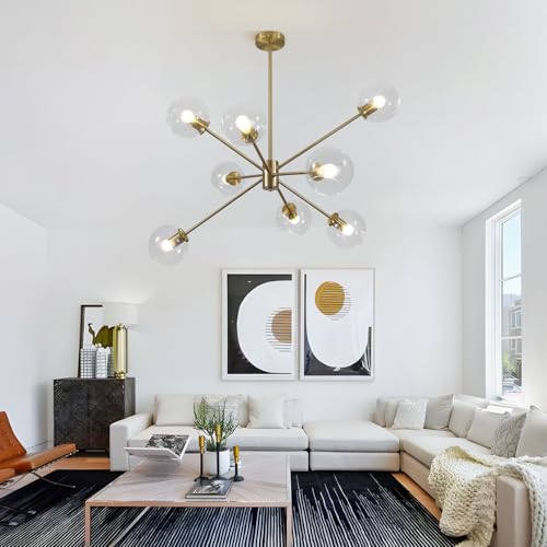 8 Lights Modern Large Gold Globe Sputnik Chandelier Contemporary Clear Glass Ball Bubble Chandelier Lighting Brass Sputnik Hanging Light Fixture Vintage Retro Pendant Lights Kitchen Island