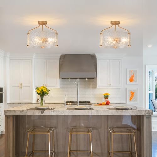 Semi Flush Mount Ceiling Light Fixture Glass Drum Chandelier Entryway Light Fixture 16''Gold Flush Mount Ceiling Lights 3 (3 Count)