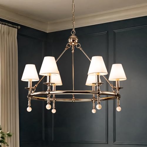 6 Light W34 Inch Polished Nickel Statement Chandelier with White Pleated Fabric Shades and Alabaster Finials Large Round Designer Lighting for Dining Room Living Room