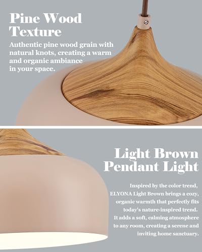 12 Inch Modern Japandi Pendant Light for Kitchen Island Farmhouse Hanging Lamp with Faux Pine Wood Grain Metal Shade