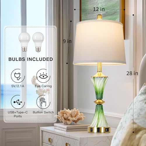 Green Glass Table Lamp Set of 2 with USB C+A Ports & AC Outlet (2 Count)